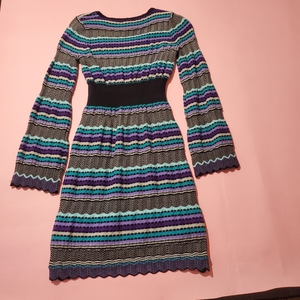 Vintage Iconic Y2K 00s 2000s Scalloped Stripped Knit Dress Preppy Long Sleeve - Picture 7 of 7